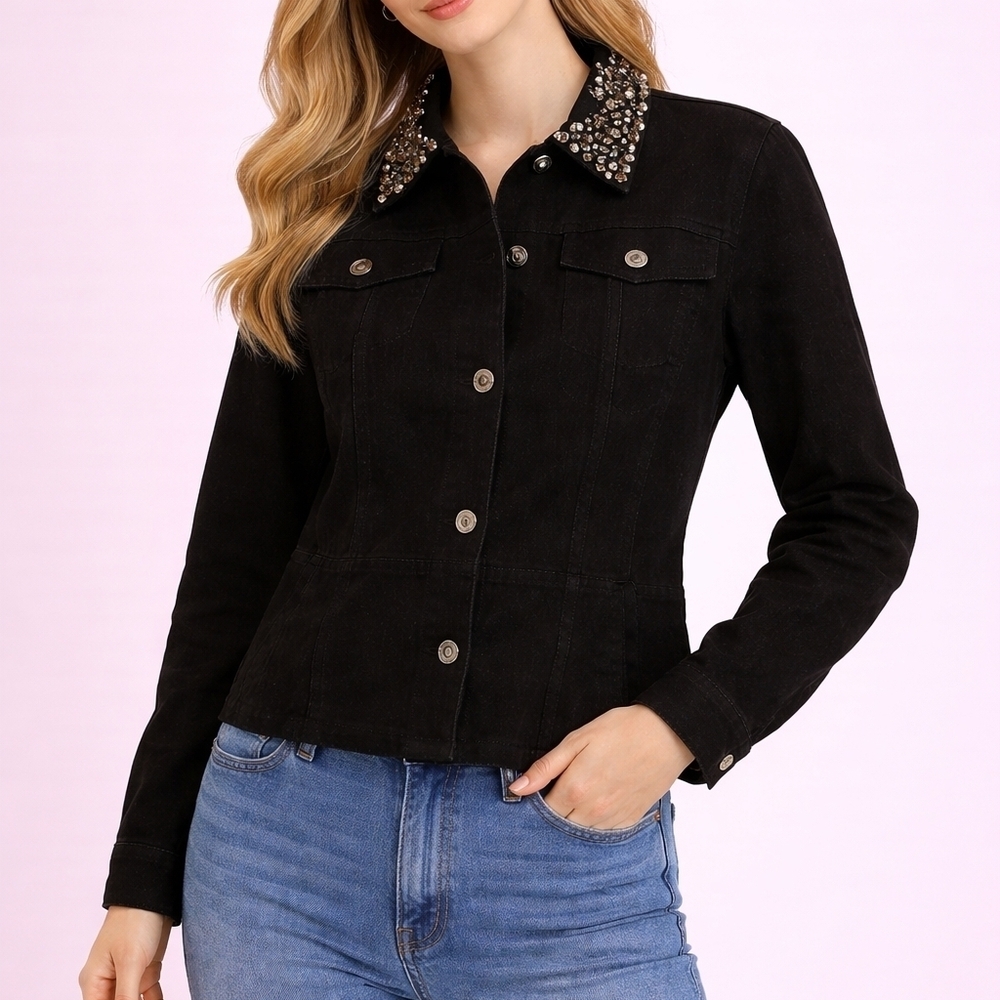 RUBY RD. Pearl Bead Sequin Collar Long Sleeve Denim Jacket